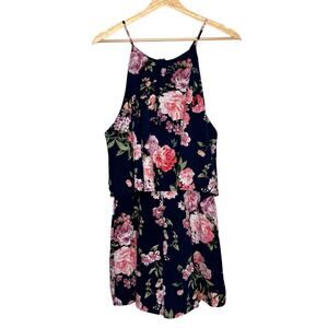 Lulus In the Garden Floral Romper XL Navy Blue Halter High Neck Garden Party